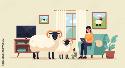 A woman works on a laptop while sheep stand nearby in a living room