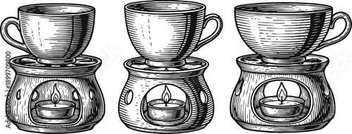 Three vintage ceramic teacup warmers with burning candles inside, woodcut engraving illustration