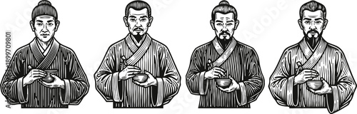 Traditional japanese men in kimono holding tea cups set of four black and white vector illustrations