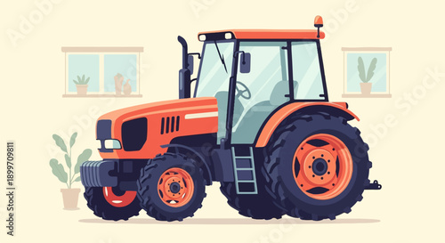 A pixelated orange tractor sits indoors near potted plants and windows