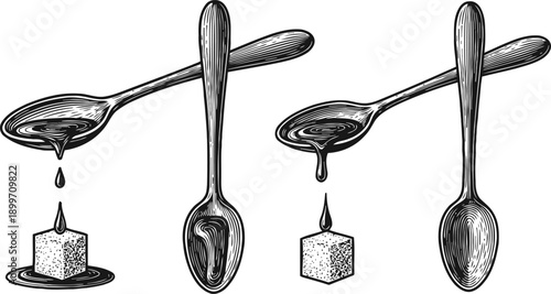 Vintage illustration of honey dripping from spoons onto sugar cubes, black and white drawing