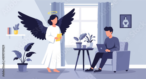 An angel with dark wings and a halo watches over a man on his laptop
