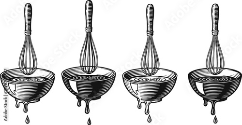 vintage whisk in dripping mixing bowl set kitchen utensil illustration collection