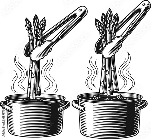 asparagus cooking in boiling water pot with kitchen tongs, fresh vegetable preparation concept