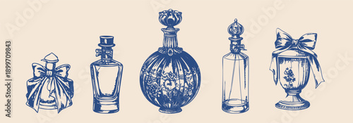 vintage rococo perfume bottle illustrations, hand drawn engraving style, delicate line art, ornate glass bottles with bows and ribbons, antique luxury aesthetic, monochrome blue ink on warm cream pape