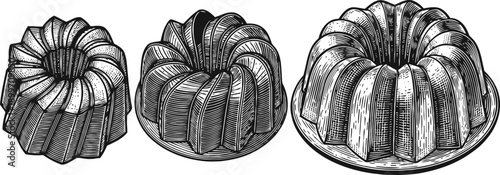 Three vintage bundt cakes illustrations detailed hand drawn desserts with ridged patterns on plates
