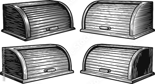 Vintage wooden bread boxes with roll top lids, kitchen storage containers set in engraving