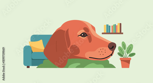 A simplified illustration of a brown dog on a light green background