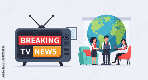 A vintage television displays "BREAKING TV NEWS" next to a global newsroom scene