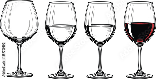 Set of Hand Drawn Wine Glass Sketches with Red and White Wine Isolated on White Background Minimalist Engraving Style Vector for Restaurant Menu Design