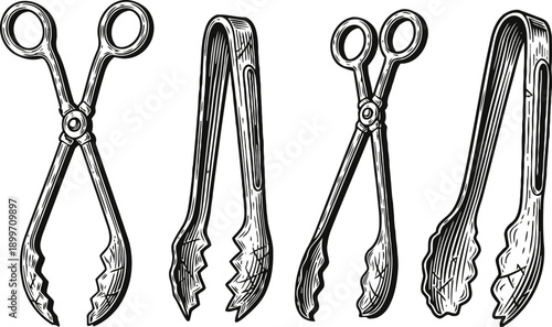 Vintage kitchen tongs and serving tools set hand drawn cooking and food utensils illustration collection