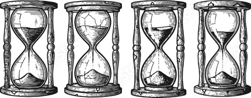 Vintage hourglass collection with flowing sand in wooden frame, classic time measurement devices