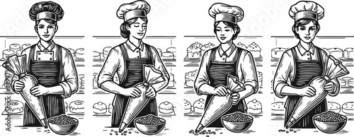 Female baker preparing and filling pastry bag with cream in bakery kitchen set of four illustrations