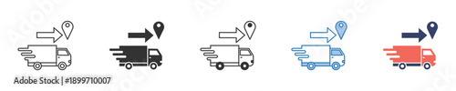Seamless and rapid e-commerce delivery services icon set showcasing efficient parcel transportation with integrated location tracking, symbolizing quick order fulfillment and global logistics