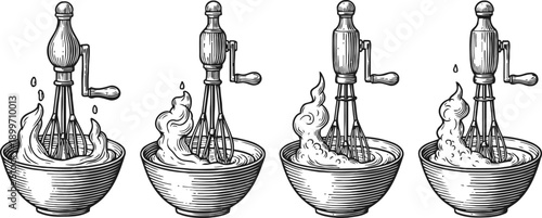 Vintage hand crank egg beater whipping cream in bowl set kitchen cooking utensil illustration