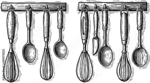 Vintage kitchen utensils hanging on a rack hand drawn whisks, spoons, and knives in black ink sketch