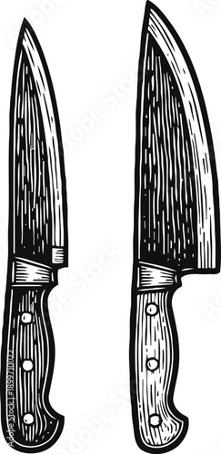 Two vintage kitchen knives set with wooden handles and sharp blades isolated on white background