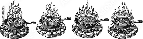 Grilled steak on cast iron skillet with flame, cooking meat on wooden trivet set