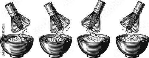 Traditional matcha tea whisk mixing powdered matcha in a bowl illustration set