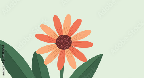 A single cartoonish orange flower with green leaves on a light green background