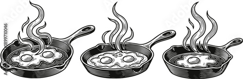 three sizzling cast iron skillets with fried eggs and rising steam vintage line art