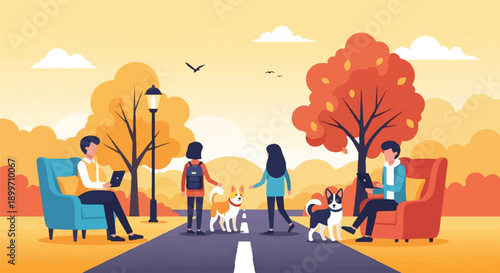 Autumn park scene with people, dogs, and colorful trees