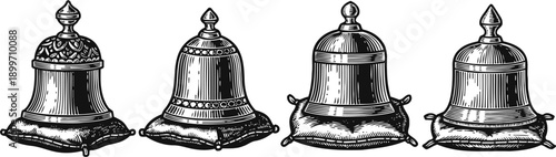 vintage handbell illustrations set of four detailed antique metal bells on cushions classic musical instruments collection