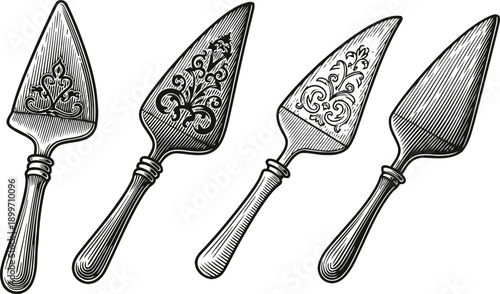 Vintage cake servers with decorative engraved metal blades and wooden handles set
