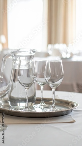 Wallpaper Mural Clear Glass Pitcher Filled With Water And Three Empty Wine Glasses On Silver Tray With White Tablecloth Soft Light Torontodigital.ca