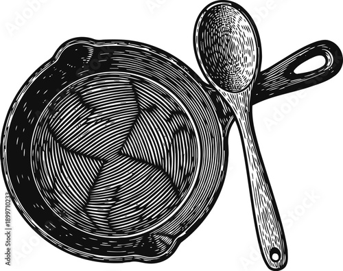 Hand drawn cast iron skillet with wooden spoon top view, vintage kitchenware illustration