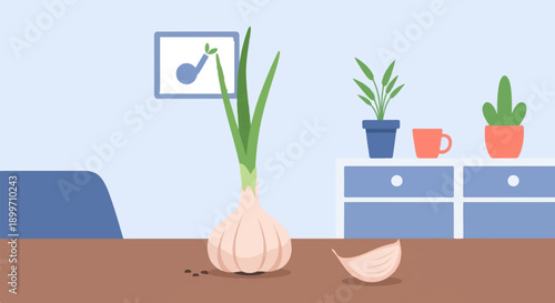 A single garlic bulb with greens sits on a brown surface