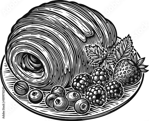 Black and white illustration of croissant and fresh berries on plate with mint leaves
