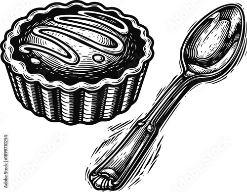 tart dessert with creamy topping beside a vintage spoon, detailed hand drawn black and white illustration