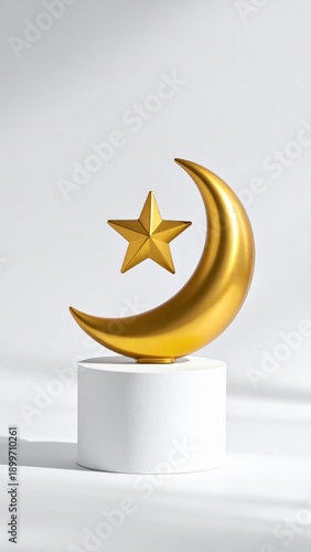 Wallpaper Mural Golden Crescent Moon and Star Ornament Centered on a White Pedestal with Soft Shadows Torontodigital.ca