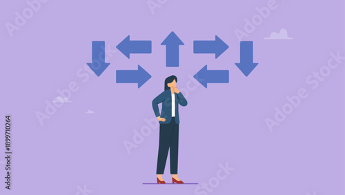 Businesswoman thinking and make business decisions. Tough decisions, choosing career path, make choices or think about final result, business directions challenge, confusion or decide options.