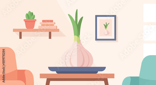 A single large garlic bulb sits on a plate on a table, with chairs and art