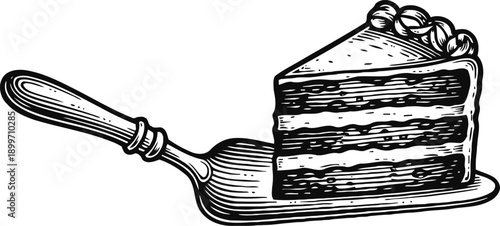 Slice of layered cake on a cake server vintage black and white dessert illustration