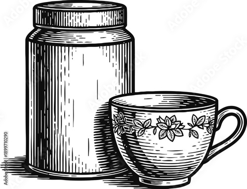 vintage tea cup with floral pattern and cylindrical container hand drawn illustration