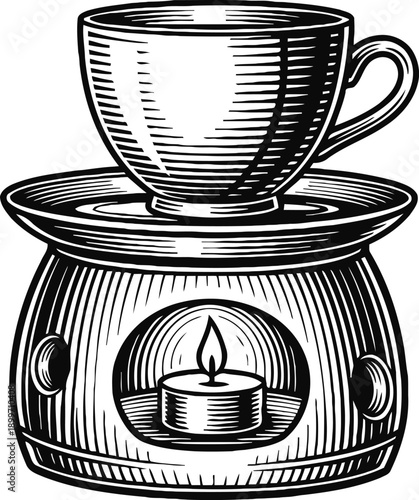Vintage cup and saucer warming on a tealight candle holder, cozy hot beverage concept