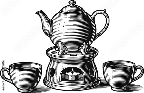 Vintage teapot with warming stand and two cups traditional tea set with candle heater for hot beverage