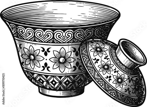 Ornate ceramic bowl with lid decorated with floral and geometric patterns, vintage line art illustration