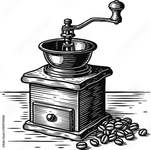 Vintage manual coffee grinder with beans retro kitchen tool for fresh ground coffee preparation and brewing