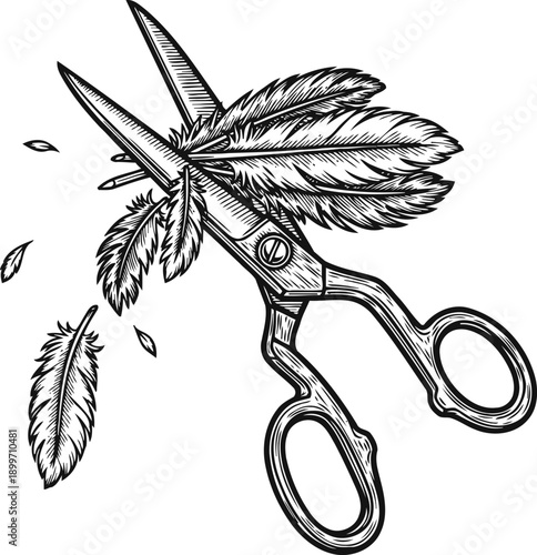 vintage scissors cutting detailed feathers with falling feather pieces, black and white engraving