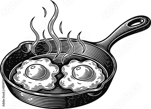 Frying pan with two sizzling fried eggs, hot breakfast cooking illustration in vintage woodcut