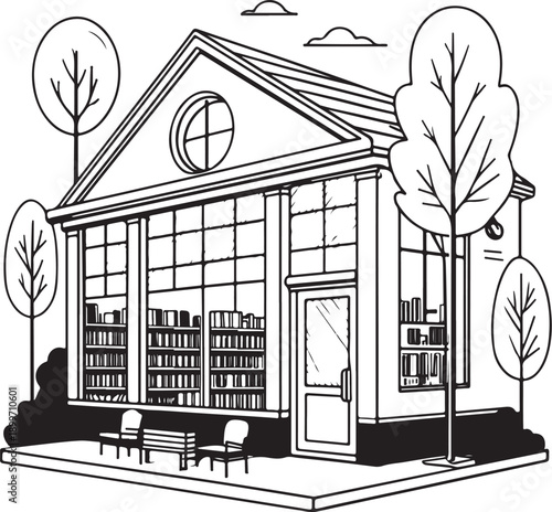 Library Building Hand-drawn Sketch Drawing Vector Illustration, Line Linear Symbol Engraving for Coloring Book, Black and White, Isolated