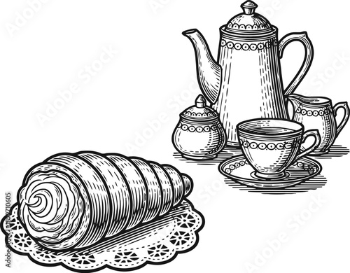 vintage tea set with porcelain cup, teapot, sugar bowl, creamer and cream horn pastry on lace doily