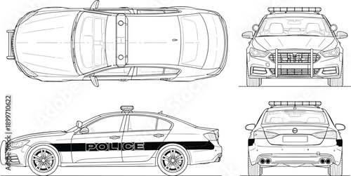 Police Car Interceptor Blueprint Vector Line Art Illustration Set Featuring Top Side Front and Back Views for Automotive Design or Technical Layout Projects