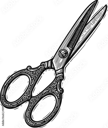Vintage ornate scissors illustration hand drawn detailed tailor or sewing shears with decorative handles