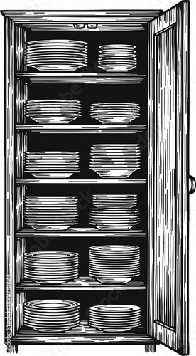 Wooden cupboard with shelves filled with stacked plates and bowls, vintage kitchen storage illustration