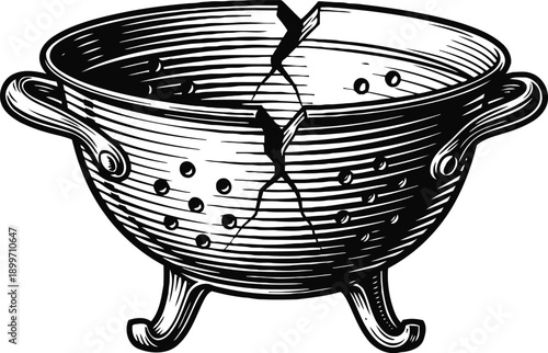 Cracked vintage colander with handles and legs, classic kitchen strainer cookware illustration